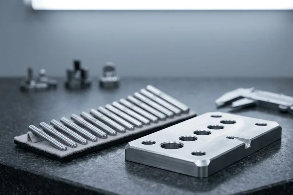 A precision machined steel plate with several closely spaced bored holes standing on a granite surface plate in an inspection room, with a set of gauge pins laid out in order of size on a felt strip beside it and a caliper behind, under cool diffuse light.