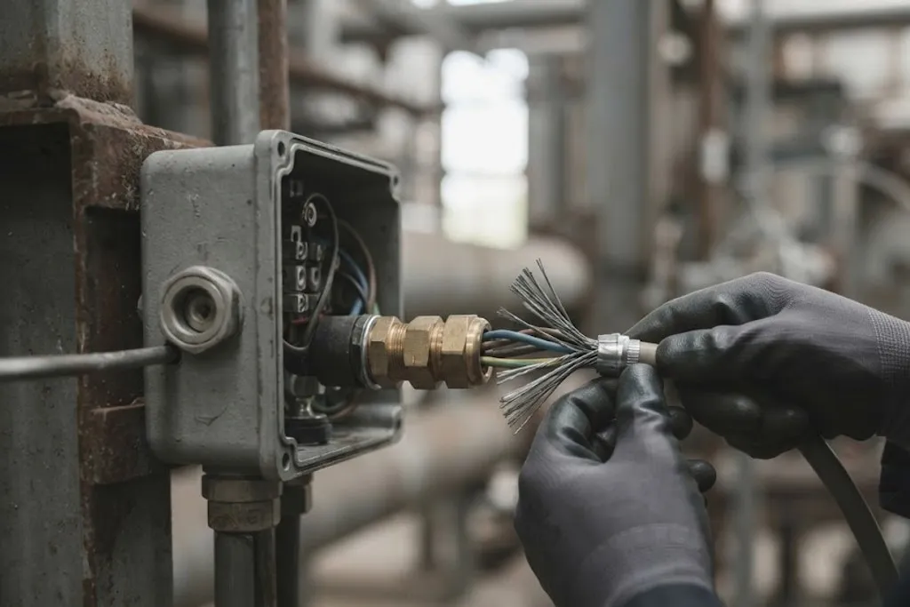 Close up of gloved hands terminating an armoured cable into a brass gland fitted to a cast metal junction box on a structural steel column outdoors. The cable outer sheath has been cut back and the steel wire armour splayed out into an even cone around the inner sheath, ready to be trapped between the gland cone and clamping ring. Coloured inner cores are visible passing through into the box, with process pipework blurred behind.