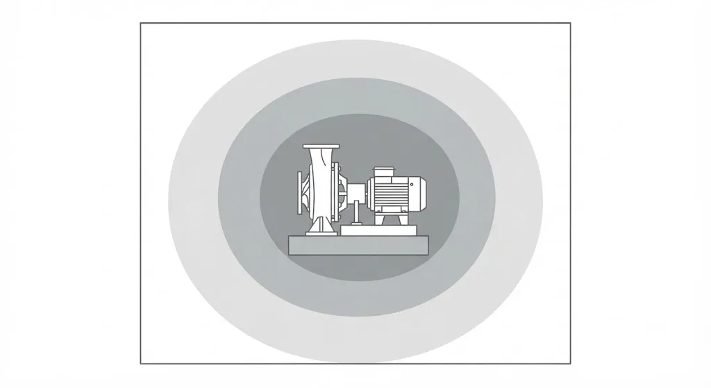 A pump and motor on a plinth surrounded by three concentric shaded zones, darkest immediately around the pump and lightest at the outer edge, within a plot boundary.