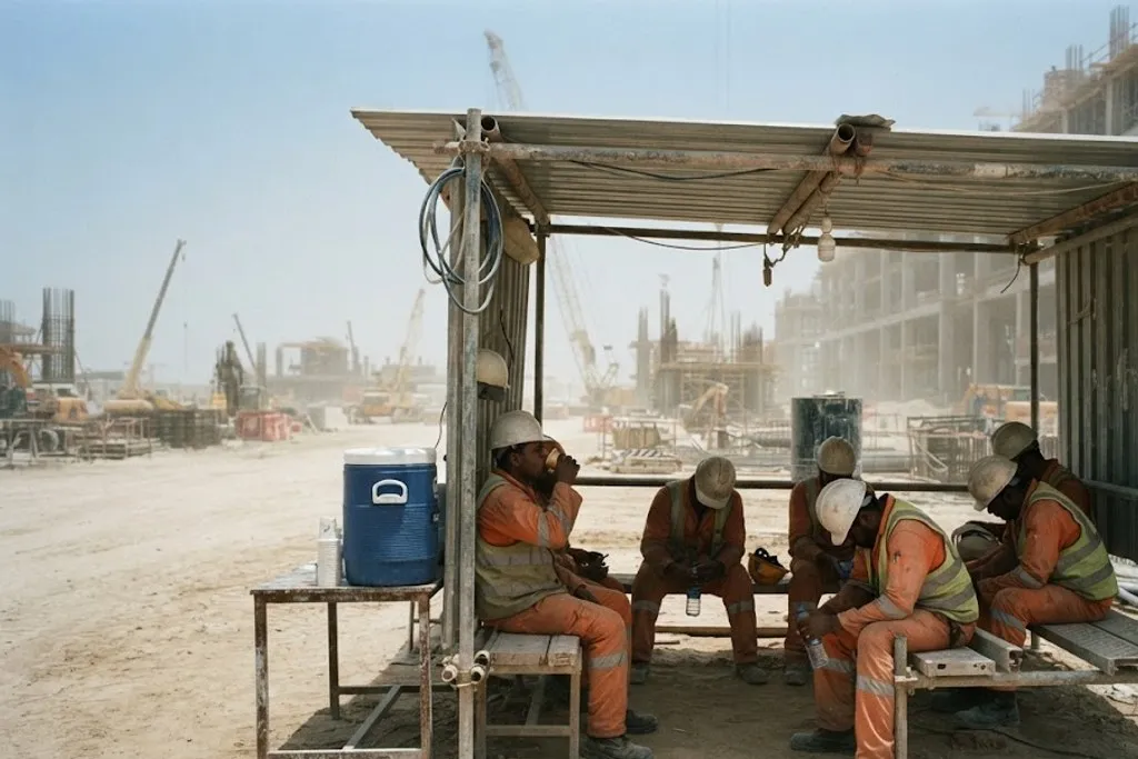 Workers in orange coveralls and hard hats sitting on benches under a simple shaded shelter of scaffold tube and profiled sheet at the edge of a dusty construction site. A large insulated water cooler stands on a table beside them and several are drinking. Tower cranes and a partly built concrete structure are visible behind in the haze.