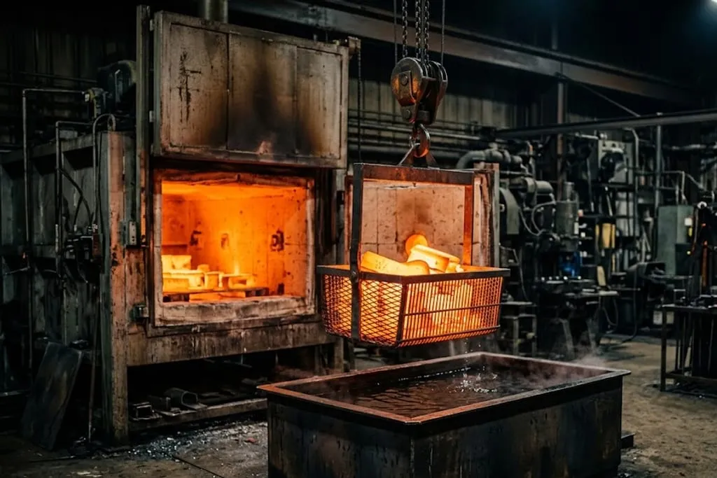 A basket of glowing orange-hot steel components lifted clear of an open furnace by an overhead hoist and swinging above a quench tank in a dim heat treatment shop, with steam rising off the surface of the water.