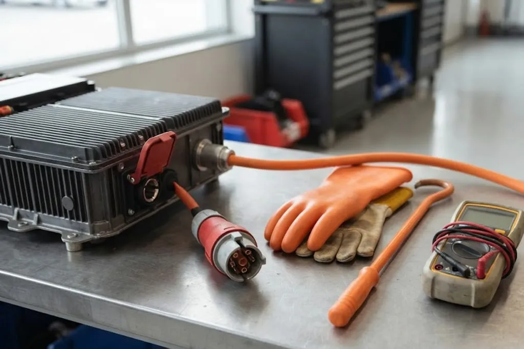 An electric vehicle traction battery pack on a workshop stand with its service disconnect plug removed and set on the bench beside it, the orange high voltage cables running from the pack to a covered terminal box, and a pair of insulating gloves and a category four rated multimeter laid out on the bench.