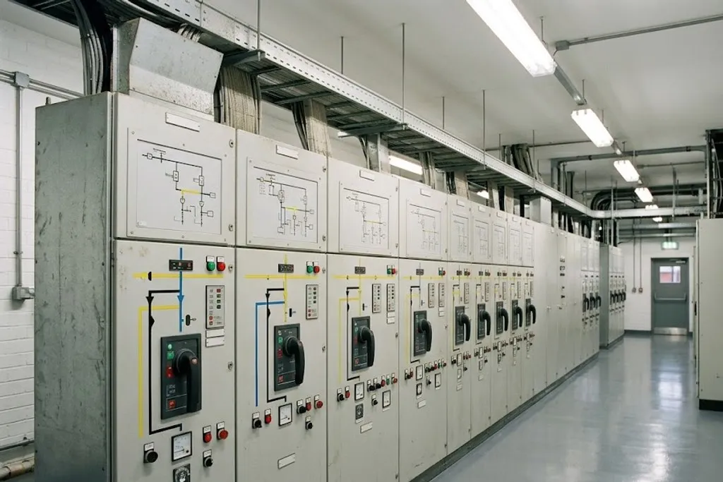 A metal-clad high voltage switchboard lineup inside a substation, tall grey panels in a row with withdrawable breaker trucks, protection relays and mimic diagrams on the front doors.