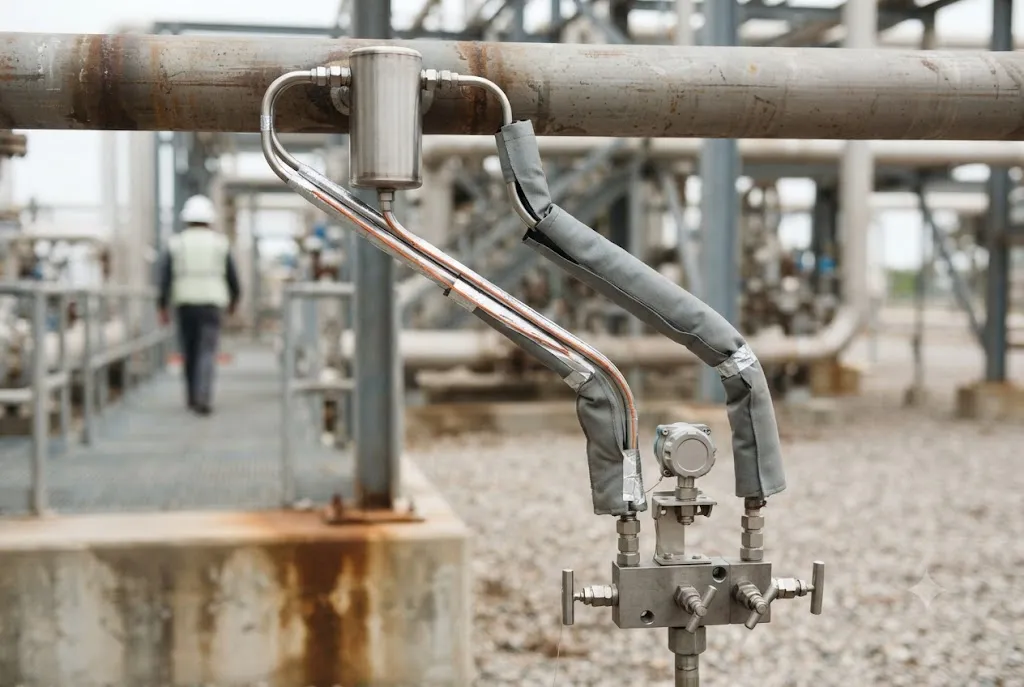 A pair of impulse lines running from tappings on a horizontal process pipe down to a differential pressure transmitter, both legs sloping at a matched angle with a condensate pot at the high point, a three-valve manifold directly below the transmitter, and the tubing traced and jacketed along its length.