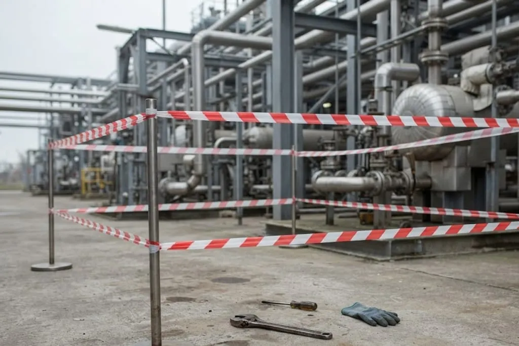 A section of process plant cordoned off with red and white barrier tape strung between temporary posts, the equipment beyond left untouched, with a spanner, a screwdriver and a dropped glove lying on the ground inside the cordon.