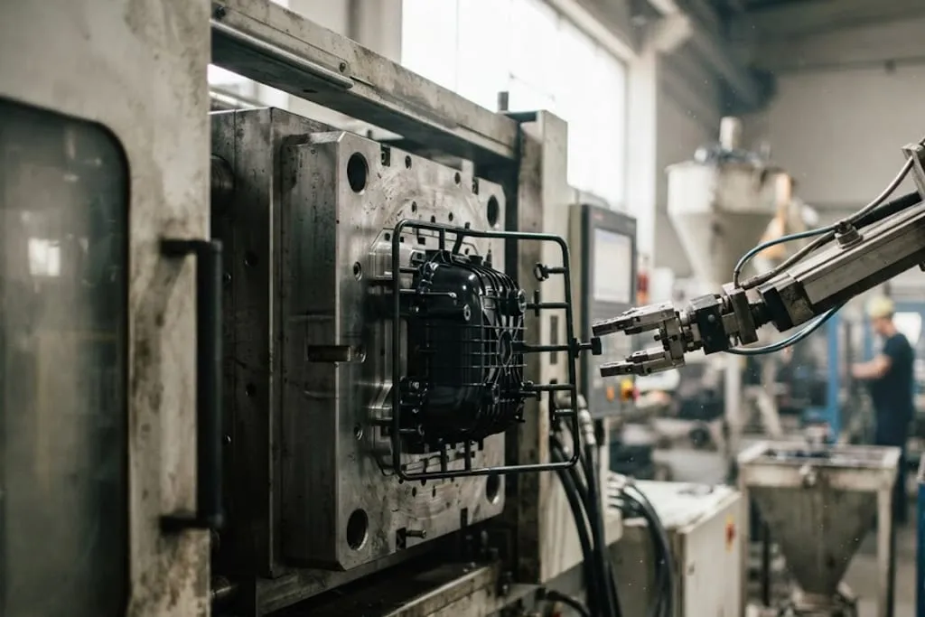An injection moulding machine with the platens open mid-cycle, a black polymer part still sitting on the core half with its runner and gate attached, and a robot arm reaching in to take it out.