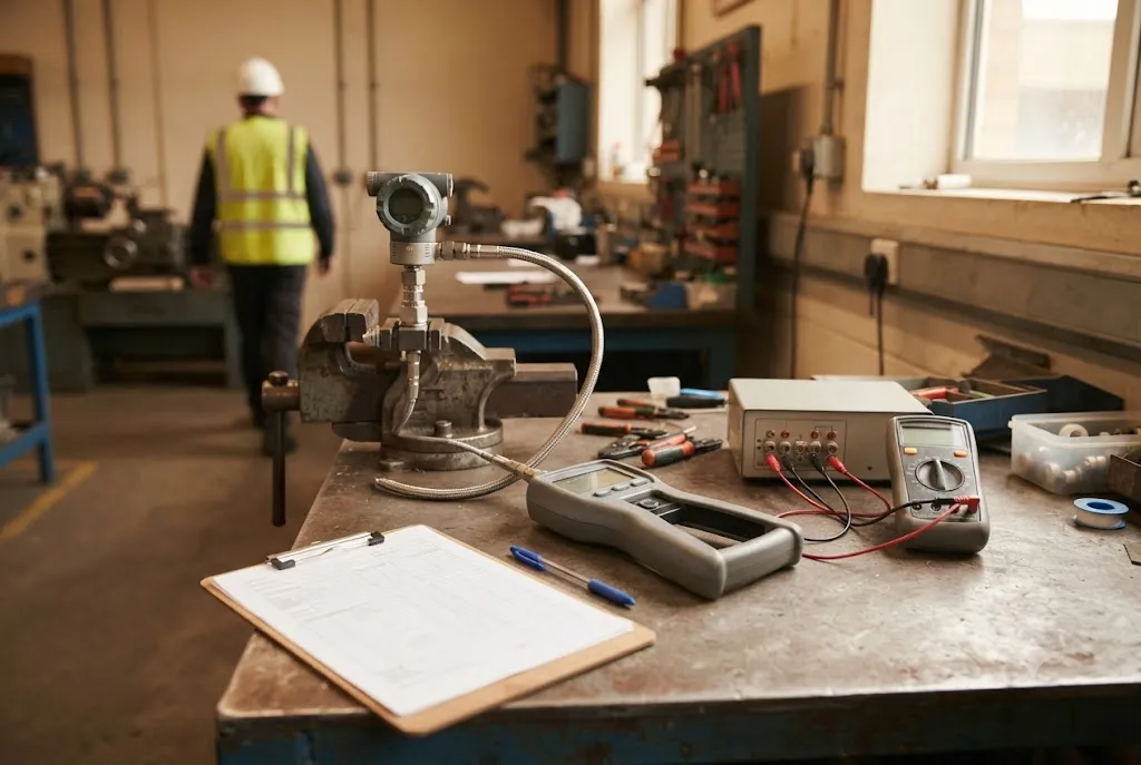 A pressure transmitter clamped in a bench vice in a workshop, connected by tubing to a hand-operated pressure pump with a reference gauge, a multimeter reading the loop current beside it, and a blank calibration record sheet on a clipboard waiting to be filled in.