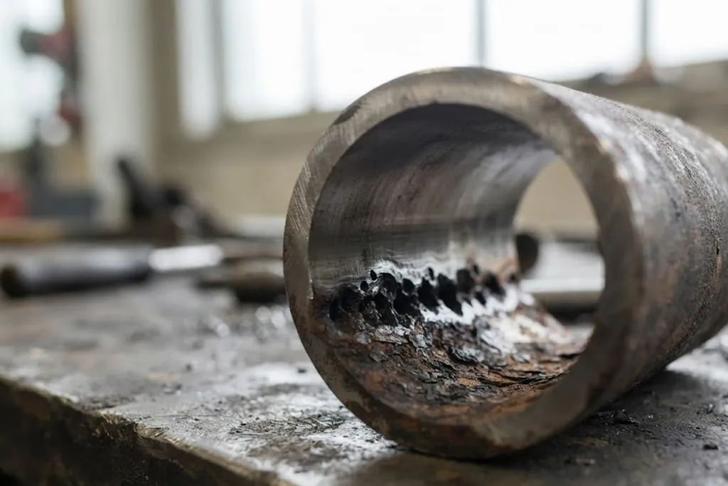 A short section of carbon steel pipe cut open and resting on a workshop bench, the bore showing a band of deep pitting and dark corrosion product along the bottom while the upper wall remains bright and largely uncorroded.
