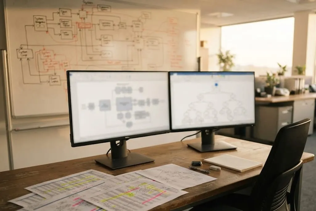 A functional safety engineering desk, two monitors side by side showing a block diagram of interconnected boxes and a branching tree structure, a large whiteboard behind them covered in a hand-drawn network of boxes and arrows annotated in red, printed analysis spreadsheets fanned across the desk with rows picked out in yellow and pink highlighter, a pen and a closed notebook beside them, an empty chair pushed back and an office beyond the window light.