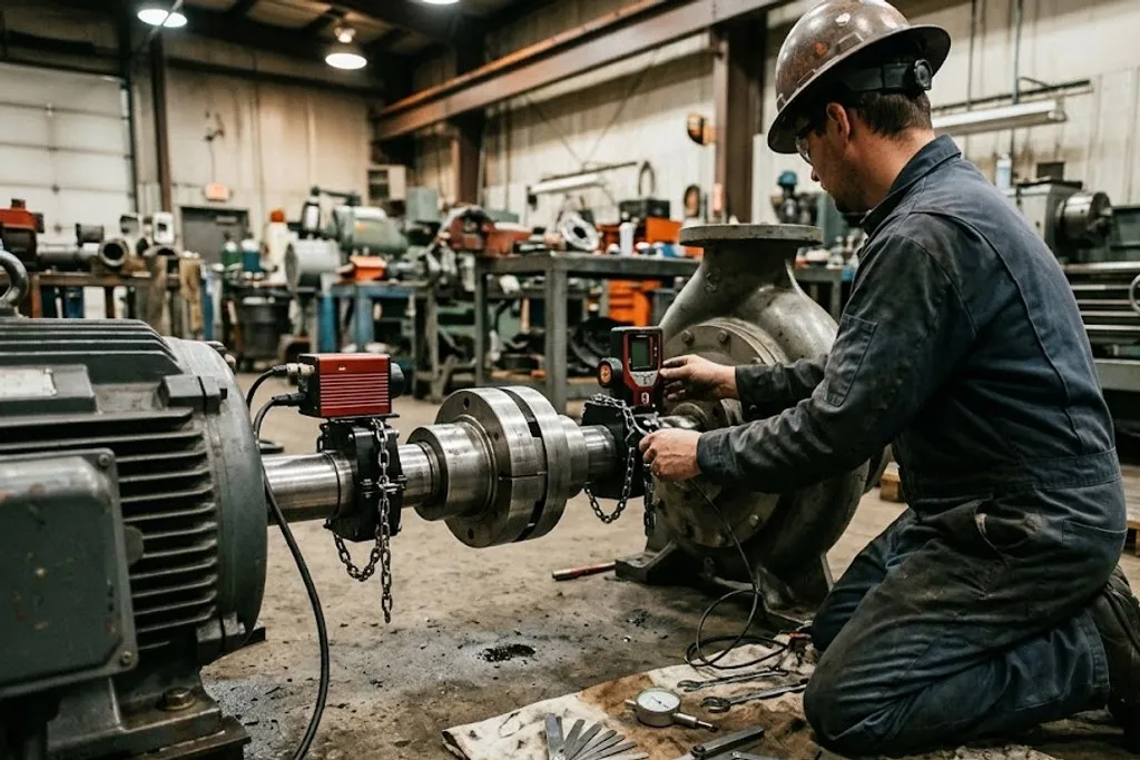 A technician kneeling beside a motor and pump in a workshop, setting up a laser shaft alignment job. Two measuring heads are clamped by chain brackets to the motor shaft and the pump shaft on either side of the removed coupling, cables running back to a handheld display he is reading. A dial indicator and a fan of stainless steel shims and feeler gauges lie on a cloth on the floor beside him.
