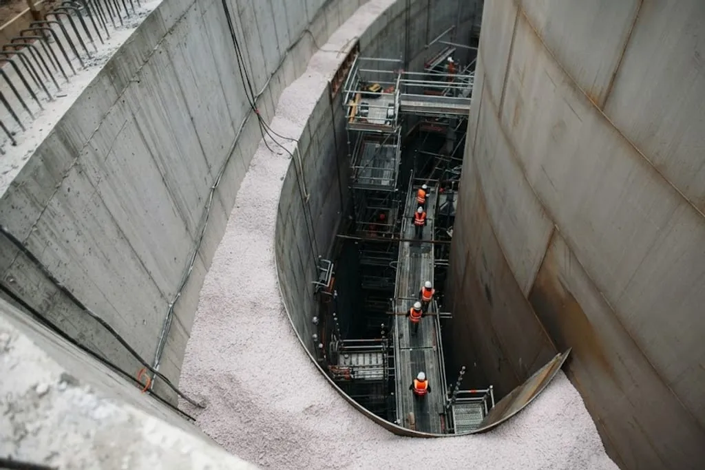 Looking steeply down into the narrow annular space of an LNG tank under construction from the top of the outer wall. The curved grey concrete wall face fills the left of the frame with starter bars projecting from its head, and the metallic inner tank shell curves away on the right. The gap between them is partly filled with pale pink-white granular perlite insulation. Far below, six workers in orange hi-vis vests and white hard hats stand on multi-level scaffold decks and access platforms spanning the annulus. Overcast daylight.