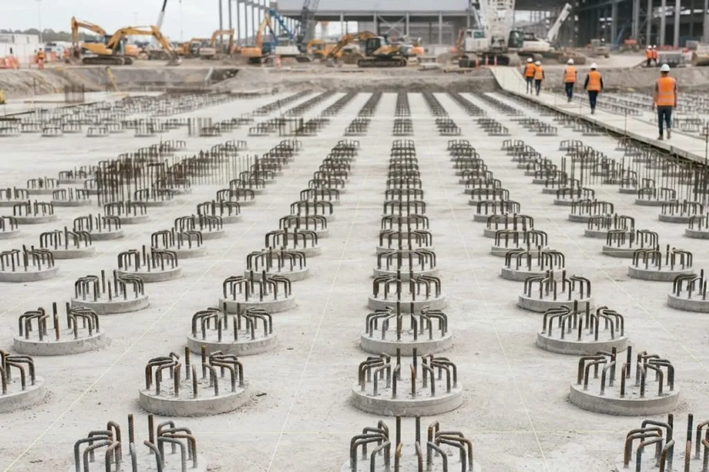 A large regular grid of cast-in-place concrete pile heads cropped level across a prepared formation, receding to the horizon. Each circular pile head carries a cluster of projecting starter reinforcement bars bent outward, with a single straight bar in the centre of some. Yellow string lines run between the rows across the pale compacted blinding. In the background, excavators, a crawler crane and site plant work along the edge of the formation, and four workers in orange hi-vis vests and white hard hats walk along a ramp at the right. Flat overcast daylight.