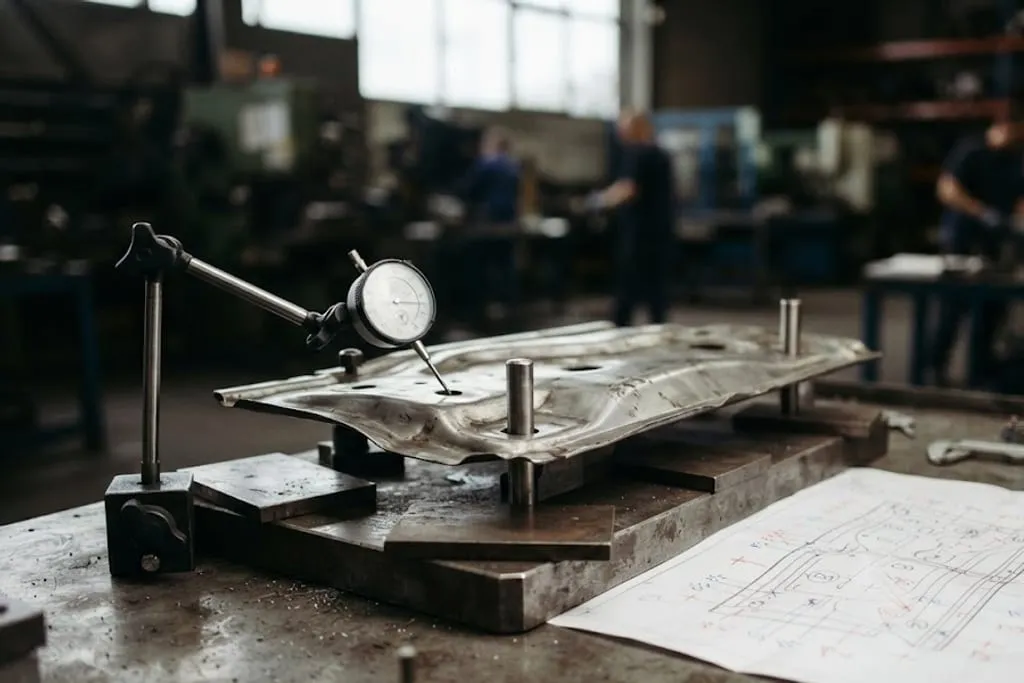 A pressed steel inner panel sitting on a checking fixture, located on two machined pins through pierced holes and resting on numbered flat pads, with a dial indicator on a stand touching one surface and a printed layout drawing marked with numbered reference points on the bench beside it.