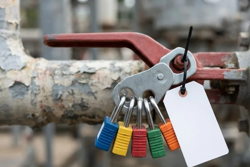 A multi-lock hasp fitted through the handle of an industrial valve, with five padlocks of different colours hanging from it and a blank tag on a cable tie beside them, against weathered painted pipework.
