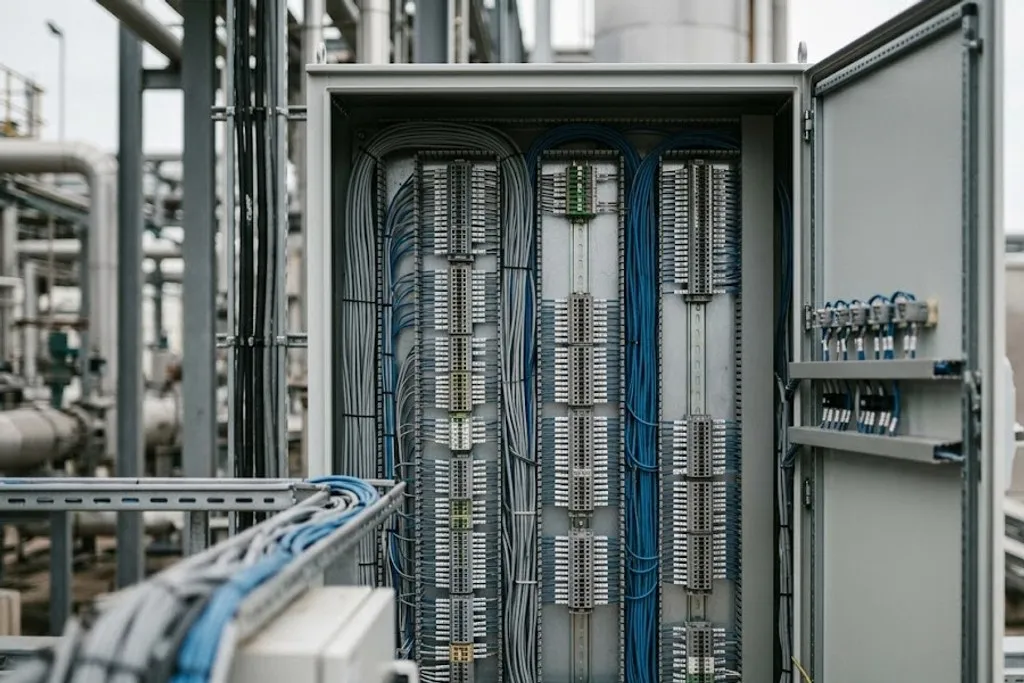 The open interior of a marshalling cabinet, with rows of terminal blocks on rails and hundreds of neatly dressed grey and blue wires running in vertical trunking.
