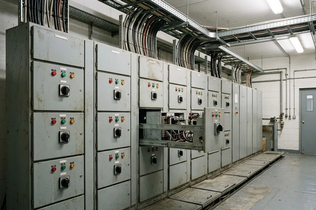 A row of motor control centre cubicles in an indoor switchroom, each door carrying a selector switch, indicator lamps and an isolator handle, with cable trunking running overhead.