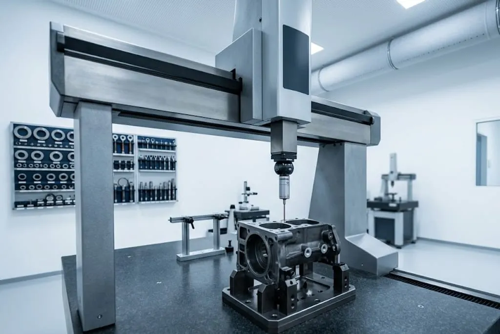 A bridge-type coordinate measuring machine in a clean, temperature-controlled inspection room, its touch probe lowered onto a machined cast component fixtured on the granite table, with a rack of ring and plug gauges on the wall behind and an even, cool light throughout.