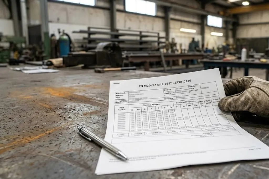 An EN 10204 3.1 mill test certificate laid on a steel bench in a fabrication shop, showing the heat number, chemical analysis and mechanical properties tables, with a pen and a work glove resting on it.
