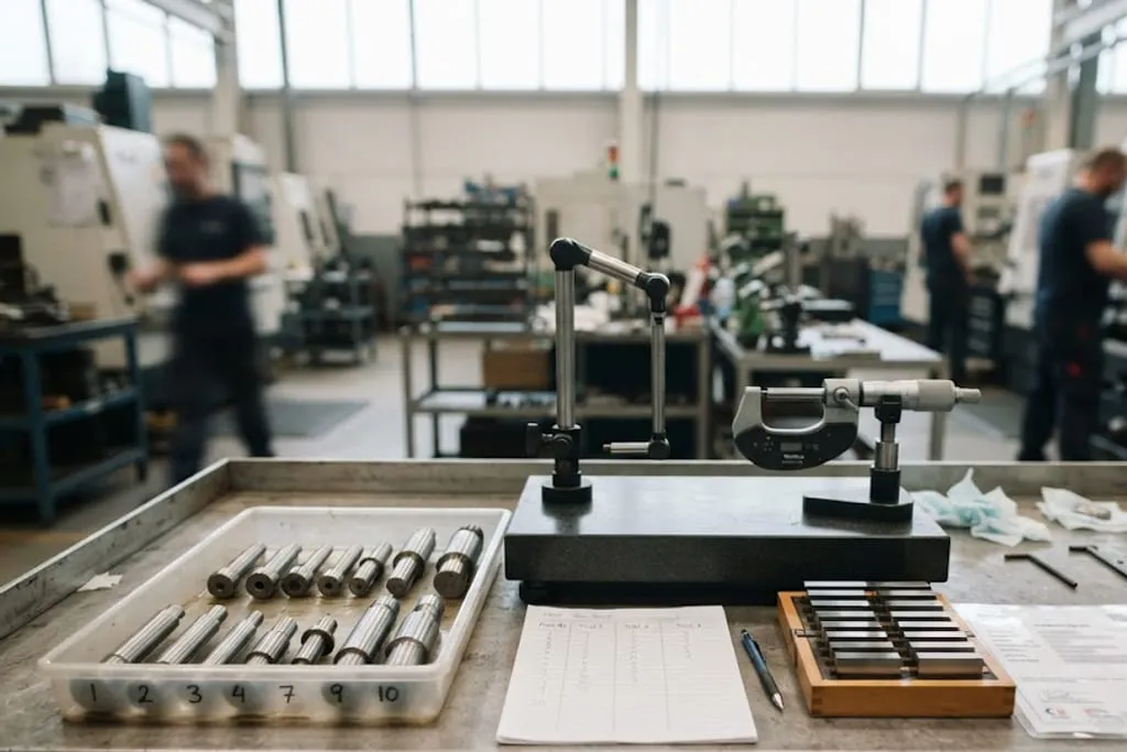 A metrology bench during a gauge study, with ten numbered parts arranged in a tray, a bore gauge and a digital micrometre on a stand, a data sheet recording three trials by three operators, and a set of gauge blocks with a calibration certificate beside them.
