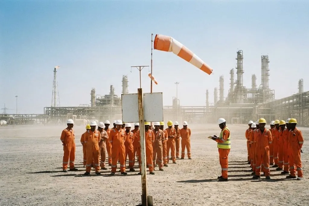 A muster point on an open gravel area at a refinery during a drill. Around twenty workers in orange coveralls and hard hats stand in loose lines beside a tall marker board on a post. A windsock on a mast above the board streams out fully in the wind. A flare and process units stand well in the distance behind them.