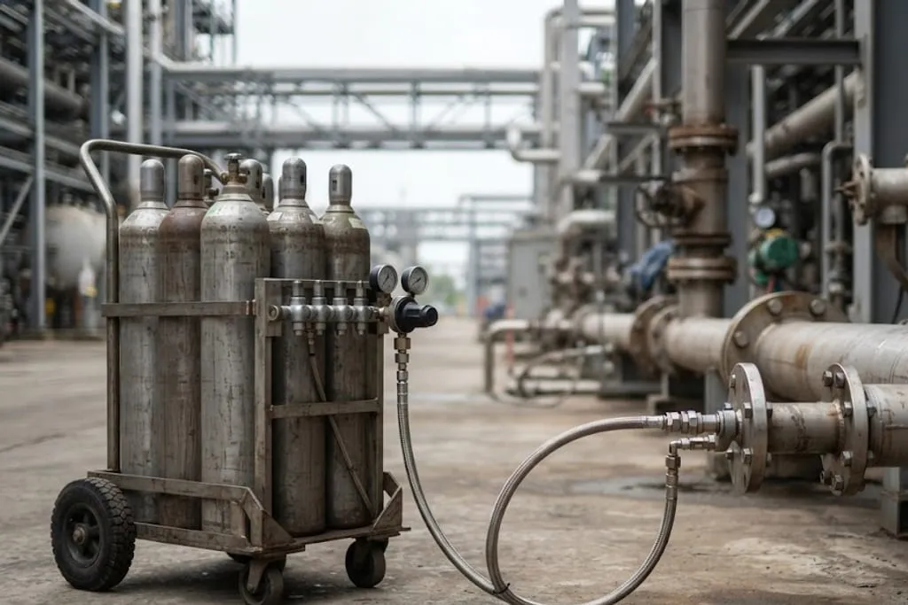 A temporary nitrogen purge set-up during commissioning: a bank of nitrogen cylinders on a wheeled trolley frame connected through a manifold and regulator to a braided flexible hose, running to a temporary spool piece flanged into process pipework.