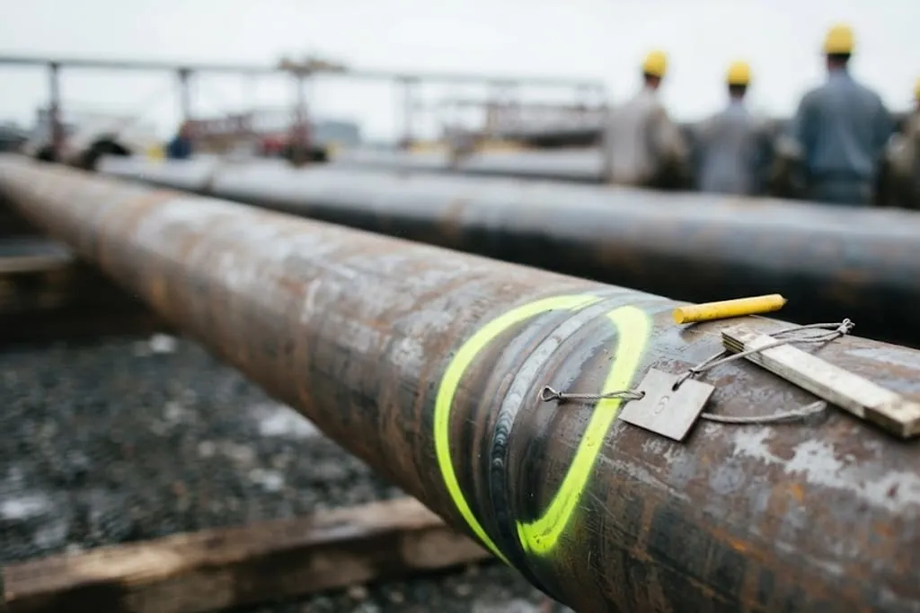 A girth weld on a large pipe lying on timber bearers in a yard, with a broad band of bright yellow-green marker paint ringing the pipe across the weld. A numbered metal tag is wired to the pipe beside it, with a paint stick and a steel rule resting on the surface. Workers in hard hats stand at a distance behind.