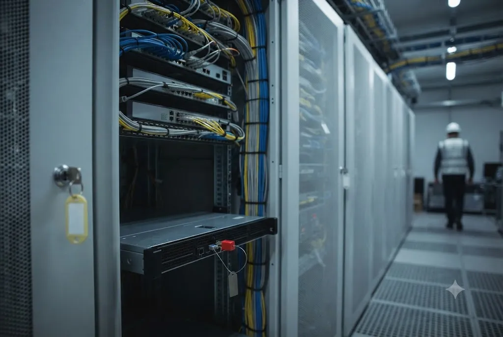 An open control system cabinet in an equipment room showing patch panels and a stack of network switches with blue and yellow patch leads, a rack-mounted server below with a red port-blocking lock fitted in its USB socket and a small tag attached, a keyed lock on the cabinet door, and further cabinets receding down the aisle.