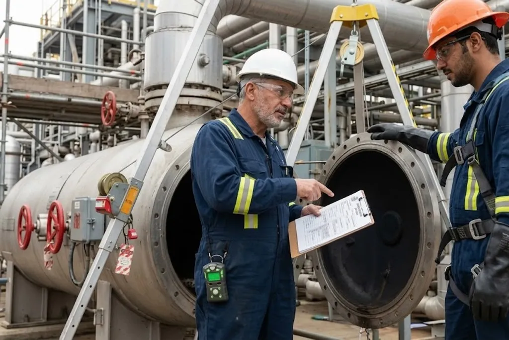 Two workers in flame-resistant coveralls, hard hats and safety glasses standing at a horizontal vessel whose manway cover has been removed and suspended from a tripod. One holds a clipboard carrying a permit form and points at it as they talk it through, with a personal gas detector clipped to his chest. The other wears a full body harness. Red lockout devices are fitted to the red valve handwheels on the vessel, and a permit board stands on a frame in the background.