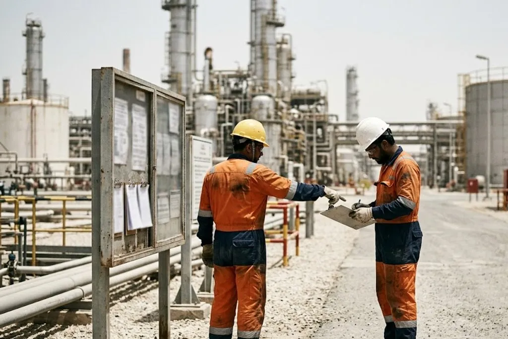 Two workers in orange coveralls at a glass-fronted permit board mounted on a frame at the edge of a refinery unit. Live permits are displayed inside the cabinet. One worker points at the board while the other writes on a clipboard. Process units, storage tanks and a pipe rack stand behind them.
