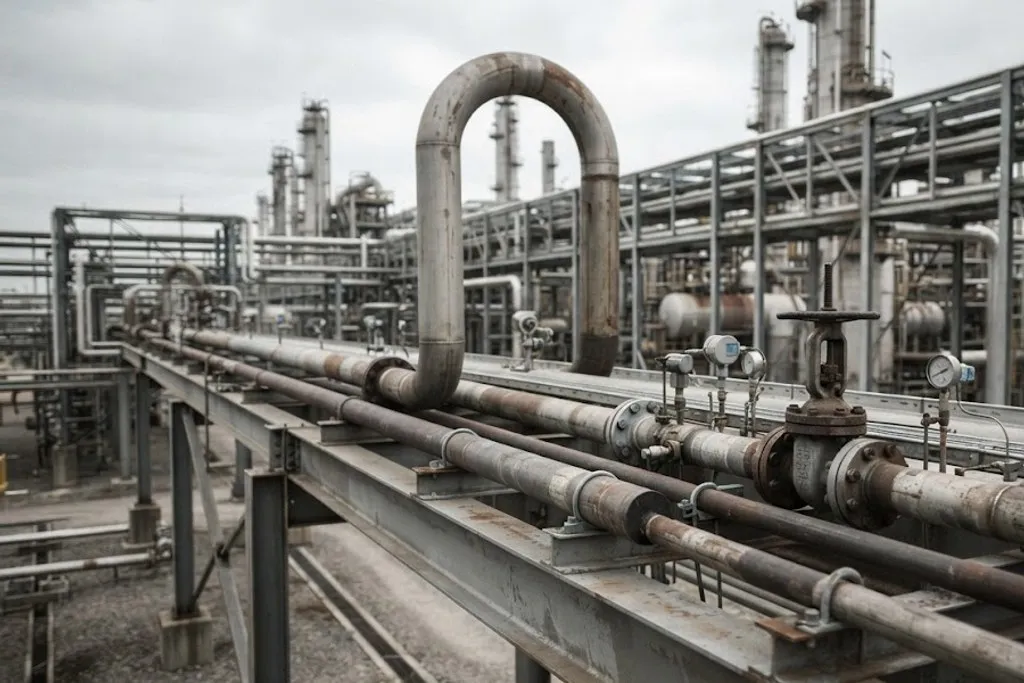 A plant pipe rack carrying parallel steel pipes of several diameters along steel beams, with pipe shoes visible where each line rests on the steelwork.