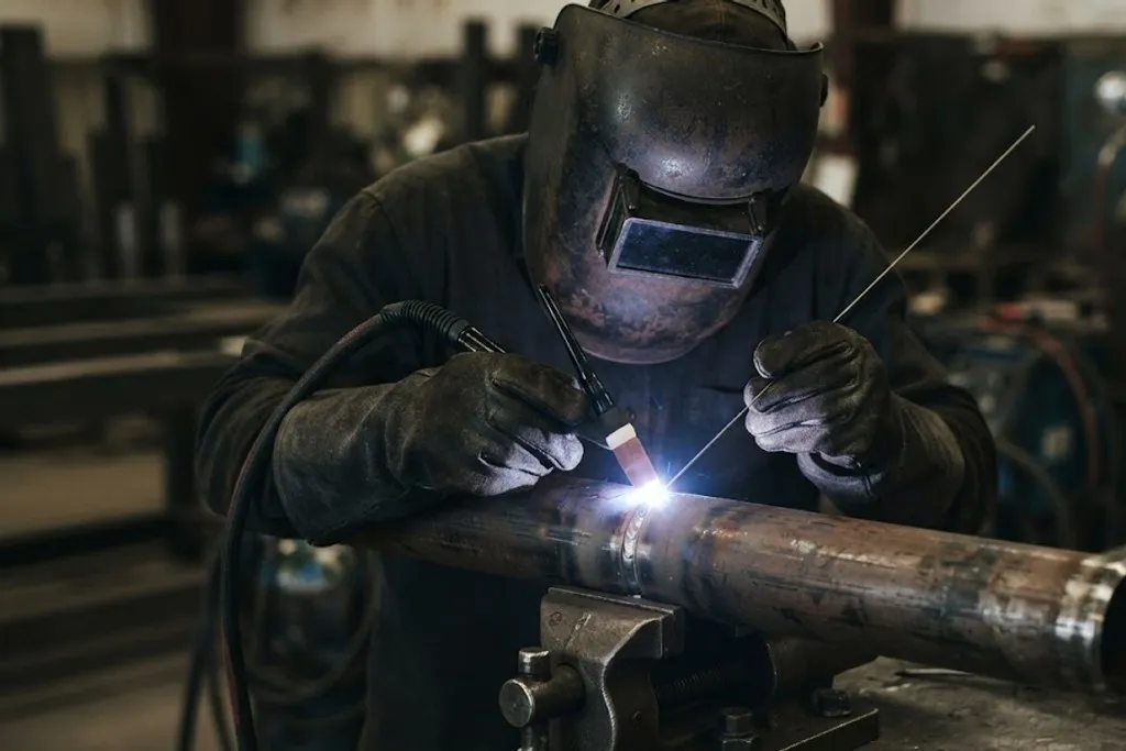 A welder in leather gauntlets and helmet running a TIG root pass on a horizontal carbon steel pipe butt joint, with the bevelled weld preparation visible and the arc lit.