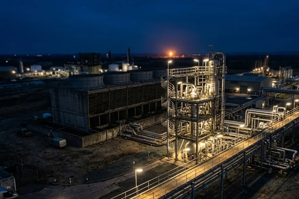 A process plant at dusk. Floodlights on the structures light the pipework and vessels, and a walkway runs across the foreground lit in a series of separate pools with darker stretches between them. A flare glows on the horizon.