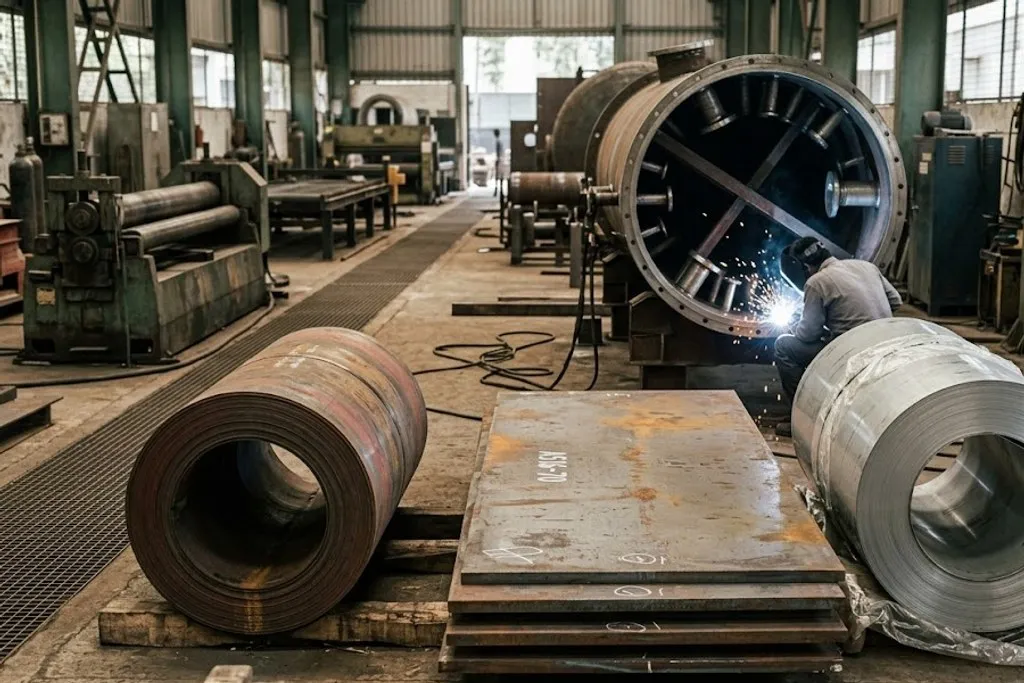 A fabrication shop. In the foreground a stack of flat steel plates rests on timber bearers, with chalk markings across the top one. A dark hot-rolled coil stands to one side and a bright coil to the other. Behind them sits a three-roll plate bending machine, and further back a welder works on the flanged end of a rolled cylindrical shell with the arc visible.