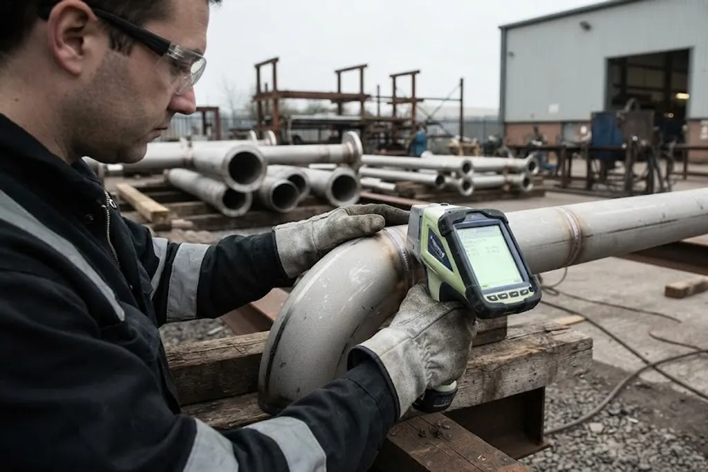 A technician holding a handheld positive material identification analyser against a pipe fitting, reading the alloy composition on its screen.
