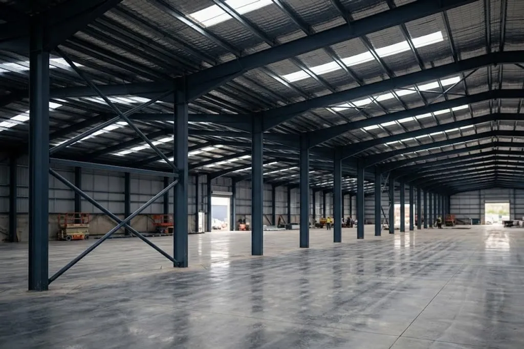 The interior of a large new warehouse, a long run of steel portal frames with tapered rafters and deep eaves haunches, purlins and rooflights overhead, cross bracing in the wall of the near bay, and a power-floated concrete slab with sawcut joints running away into the distance.