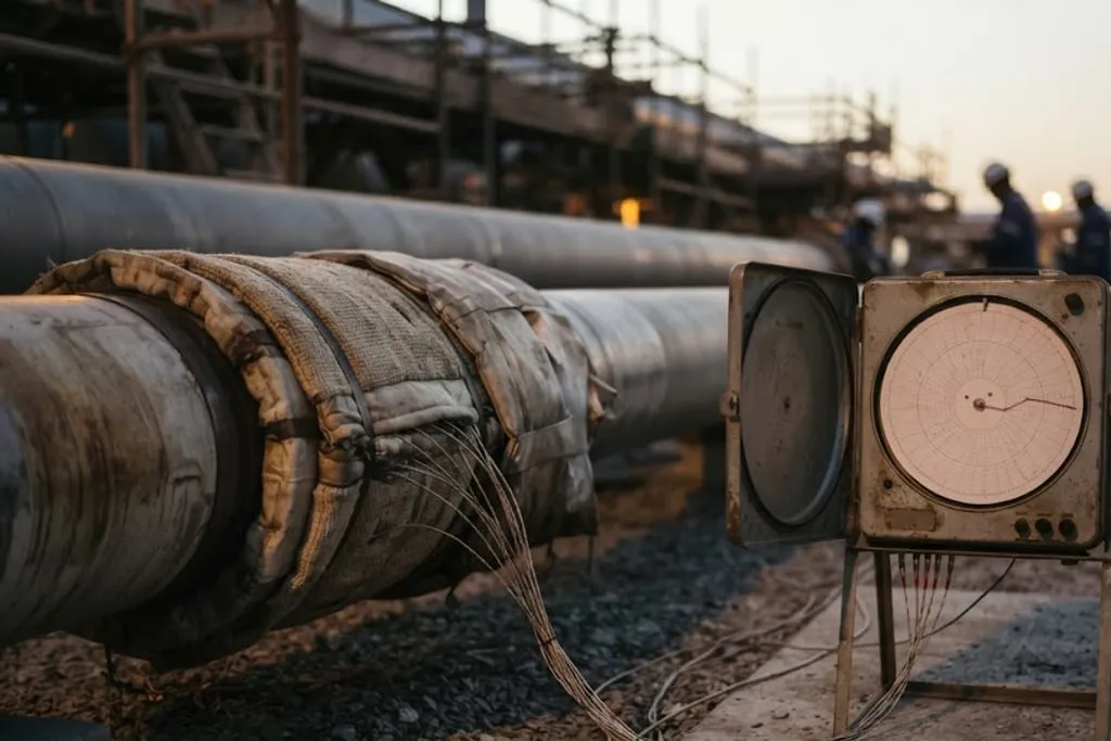 A pipe joint on a run at grade wrapped in ceramic heating mats and insulation blankets bound with wire, with a bundle of thermocouple wires emerging from under the wrapping and running across the ground to a portable circular chart recorder standing on a frame nearby. The recorder door is open, showing the paper chart and its inked trace. A unit and workers are out of focus behind at dusk.