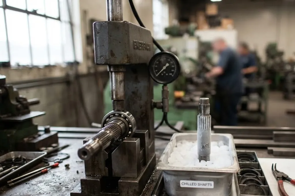 A hydraulic arbor press driving a ball bearing onto a splined steel shaft on a workbench, with the press gauge in view, a chilled shaft in an insulated tray of dry ice beside it and a set of retaining rings and a circlip plier laid out on the bench.