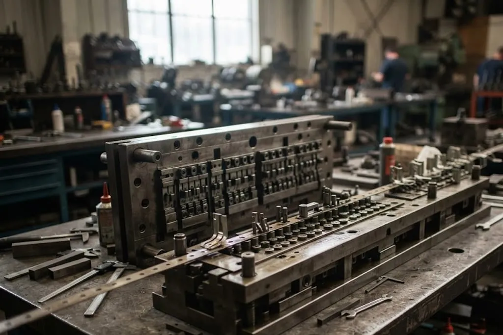 A large progressive die set out of the press on a toolroom bench, the upper and lower halves separated to show rows of punches and die buttons, with a coil strip carrying pierced pilot holes and partly formed parts lying through it.