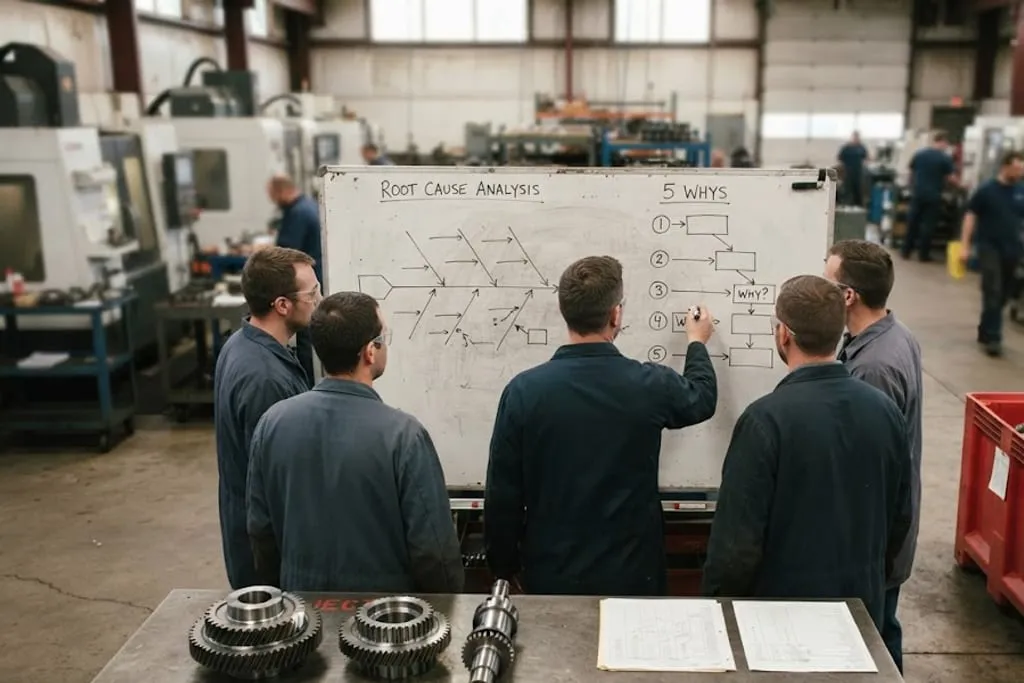 A problem solving meeting at a shop floor board, with an 8D report displayed on a screen, a fishbone diagram and a five why chain drawn on a whiteboard, three rejected parts laid out on a table with measurement records beside them, and a red quarantine bin of contained stock in the background.