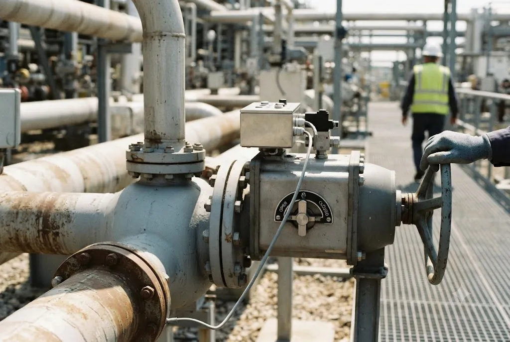 An emergency shutdown valve on a process line with a spring-return pneumatic actuator mounted above it, a position indicator plate showing the open and closed markings with the pointer at mid-travel, a solenoid valve and a local control box mounted on the actuator yoke, and a gloved hand resting on the handwheel of the manual override.