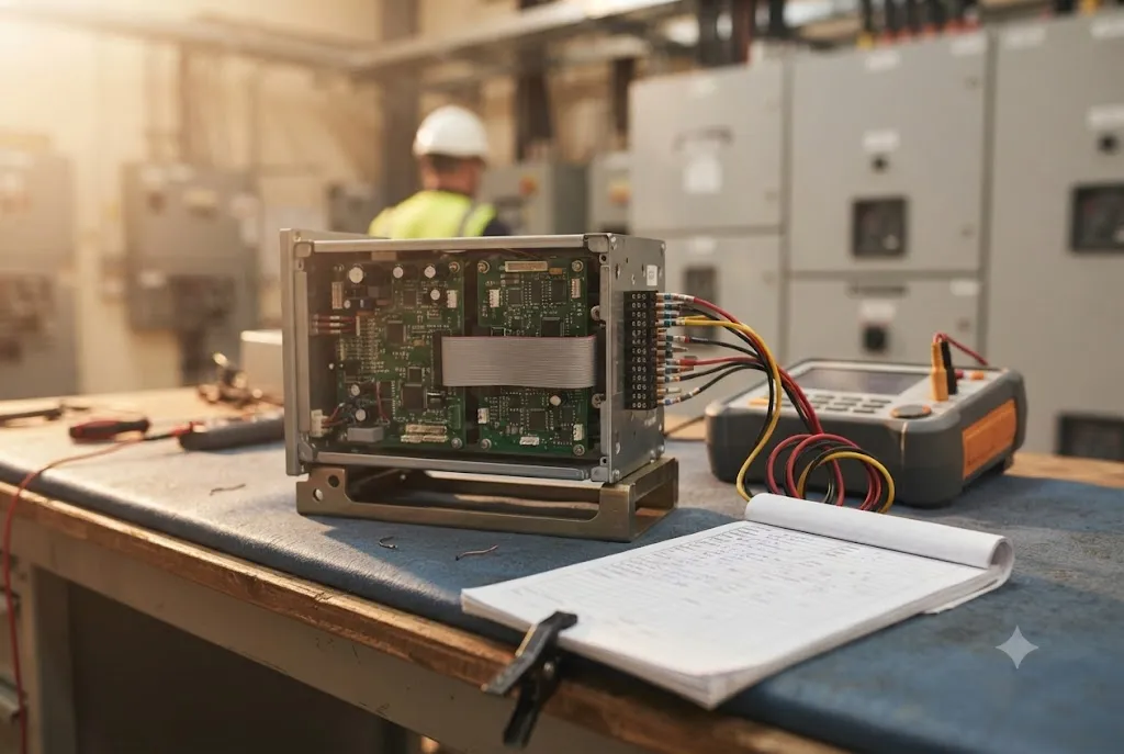 A protection relay withdrawn from its case and standing on a workshop bench with its circuit boards exposed, a secondary injection test set beside it with test leads made off, and a clipped sheaf of settings sheets held down on the bench.