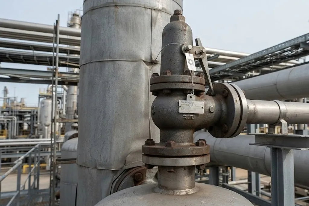 A spring-loaded pressure safety valve on a vertical vessel nozzle, with a cast body and bonnet, a lifting lever, flanged outlet piping running to a header, and a lead seal wire and tag plate on the body.