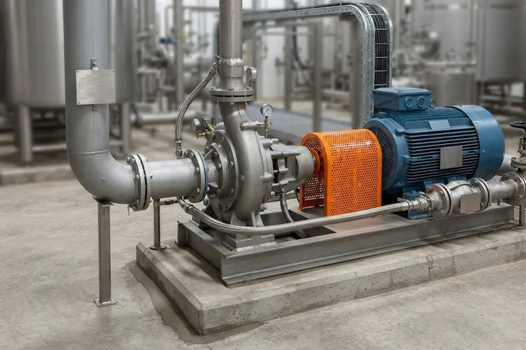 A horizontal centrifugal pump coupled to an electric motor on a common steel baseplate grouted to a concrete plinth, with a coupling guard between them and flanged suction and discharge pipework.