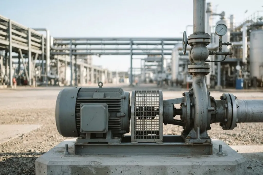 A horizontal centrifugal pump and its electric motor mounted on a steel baseplate bolted down to a massive concrete plinth outdoors in a process unit. The holding down bolts and their nuts are visible at each corner of the baseplate, a mesh coupling guard sits between motor and pump, and flanged suction and discharge pipework with a pressure gauge runs away to the right.