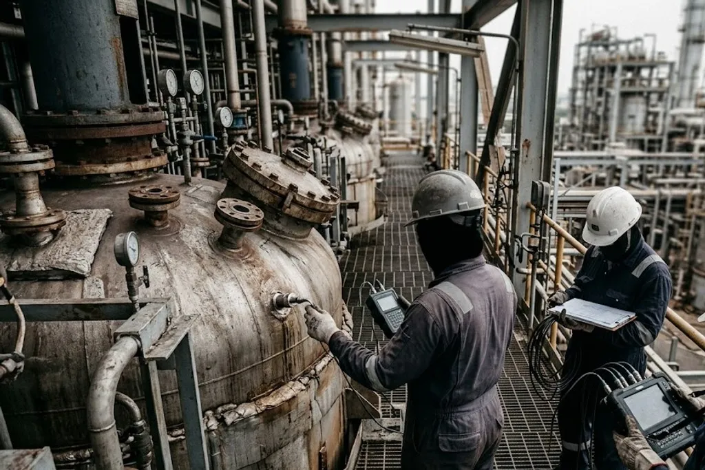 An inspection team working on the corroded upper head of a process vessel. One technician holds an ultrasonic probe against the vessel wall with a handheld meter in the other hand, a second records on a clipboard, and a third carries a larger flaw detection instrument with a display screen. Nozzles, a manway cover and pressure gauges are visible on the head, with a refinery beyond.
