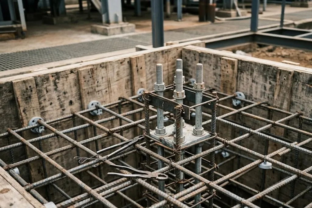 A tied reinforcement cage inside timber formwork for an equipment foundation, with deformed bars in an orthogonal grid, plastic spacer blocks holding the cage clear of the shutter face and a holding-down bolt assembly in the centre.