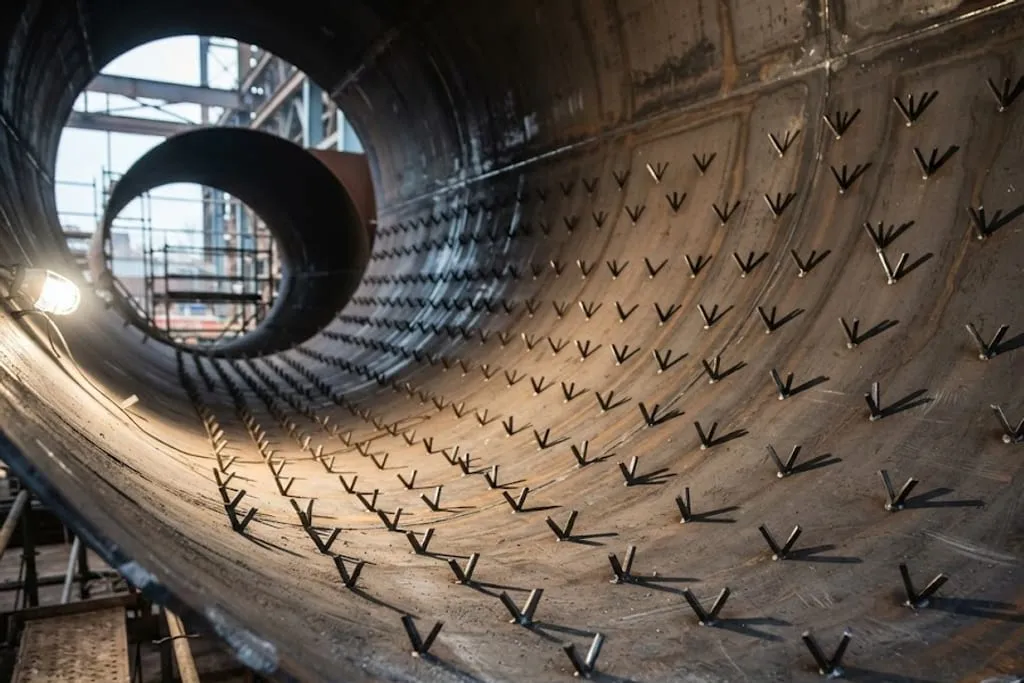 Looking along the inside of a large cylindrical steel vessel before any refractory has been placed, the curved shell covered in rows of small V-shaped metal anchors welded to it and standing proud of the bare plate, with a circular opening in the far end letting in daylight.