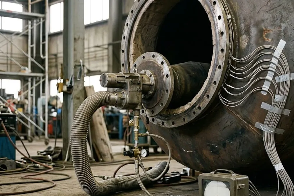 A temporary dryout burner and flexible ducting connected to the flanged open end of a large refractory lined vessel lying horizontally in a yard, with a bundle of thermocouple leads taped along the outside of the shell and gathered down to a portable recorder box standing on the ground.