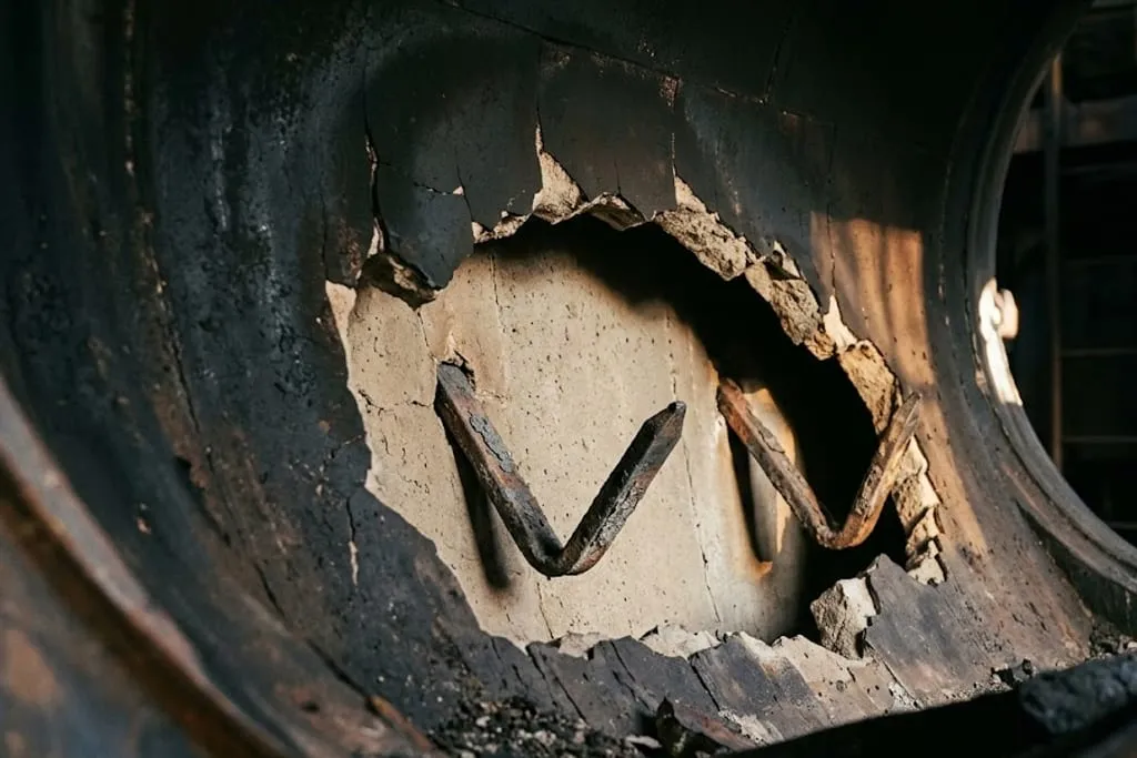 Inside a large cylindrical vessel, a section of the dark refractory hot face has broken away to expose a pale backup layer behind it, with two bent metal anchors standing out of the gap. The broken edges are sharp and irregular and the surrounding lining is darkened by service.