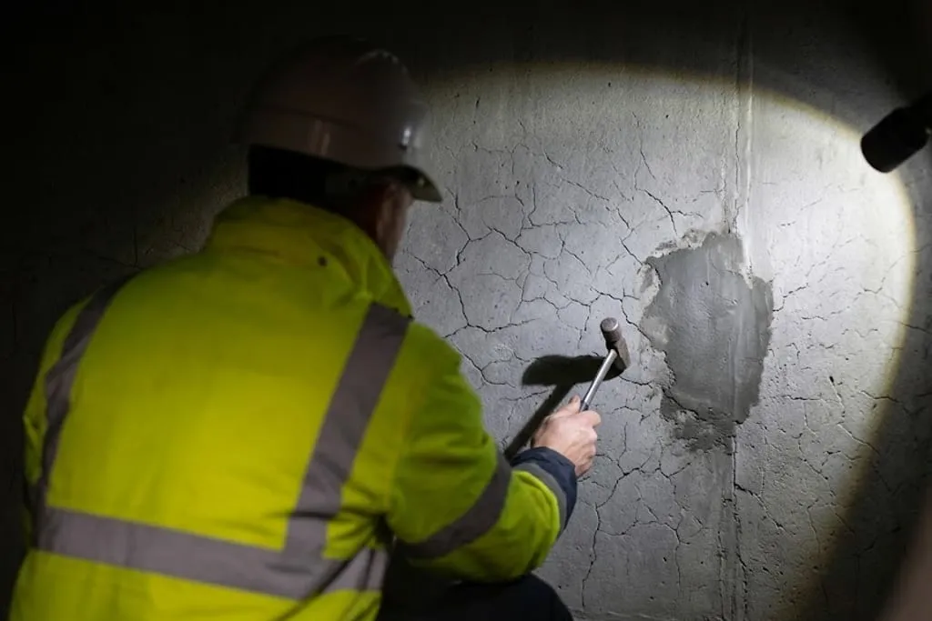 An inspector in high-visibility clothing and a hard hat, seen from behind, tapping a grey refractory lining with a small hammer while a torch beam rakes across the surface from one side, showing a network of fine cracks across the wall and one darker irregular patch where material is missing.